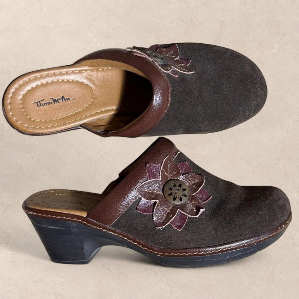 Floral Clog Mules Wedge Brown Leather Heels Thom McAn Size 7.5